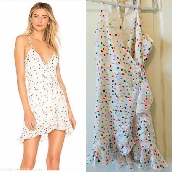 Lovers + Friends Size M Gigi Wrap Dot Dress Ruffle Mini White Multicolor Party - Picture 1 of 11